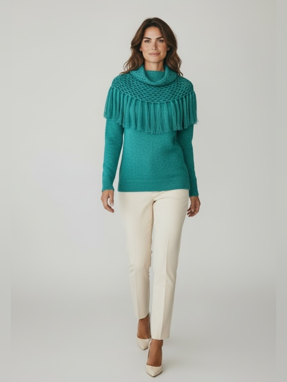 Multiples Green Fringed Cowl Neck Lightweight Sweater Womens size Med Boho Chic